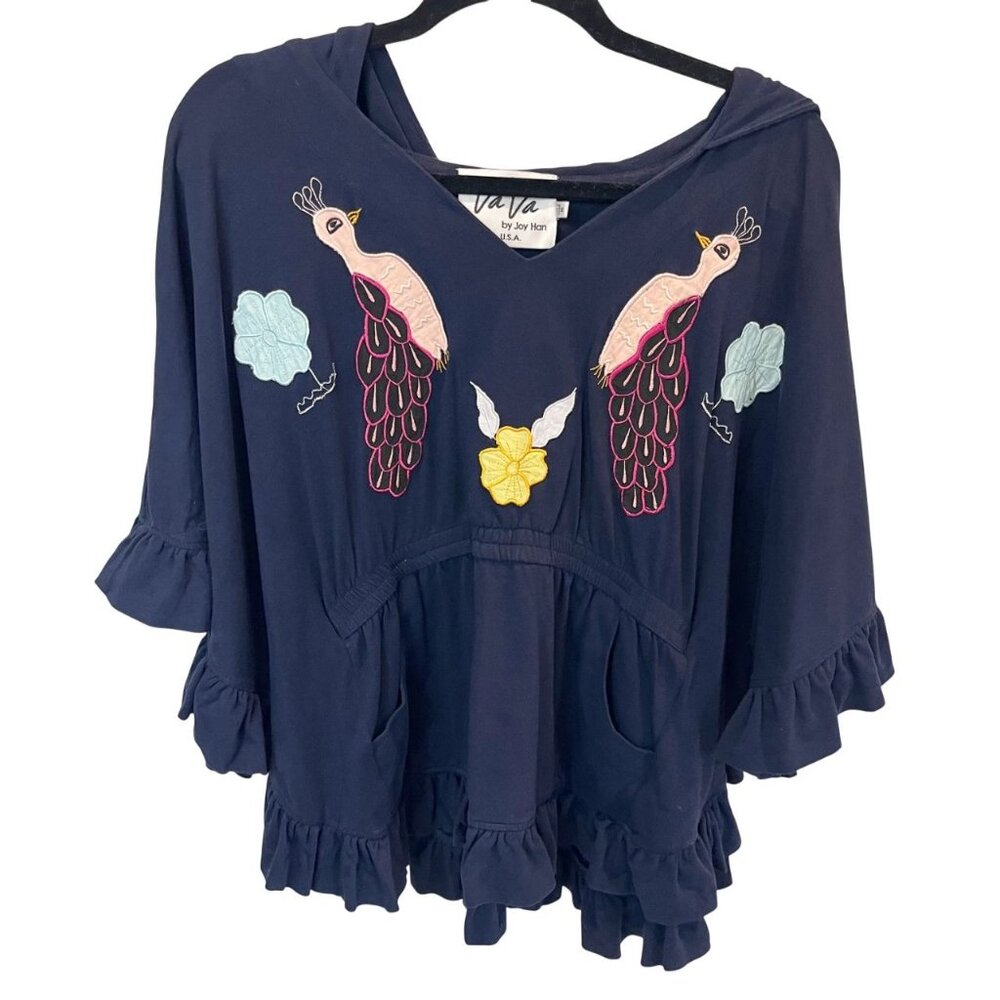 VaVa by Joy Han Navy Peacock Bird‎ Floral Embroidered Poncho Boho Indie MEDIUM
